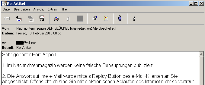 Faksimile der Antwort vom 19.2.2010 an den SPÖ-Politiker