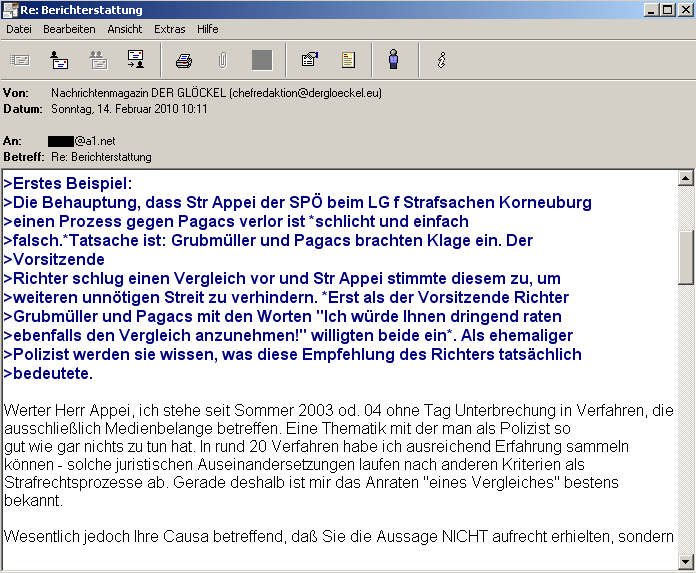 Faksimile aus der Antwort e-Mail des Herausgebers an Alfred APPEI