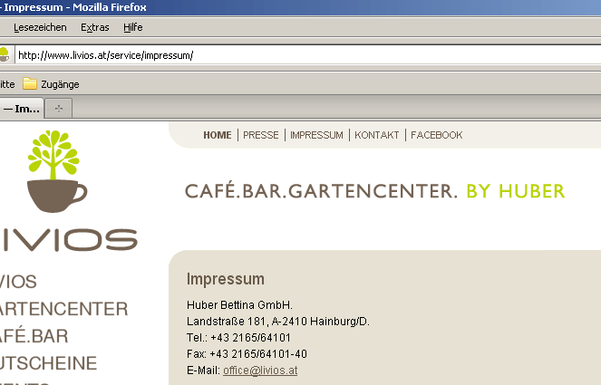 Screenshot des falschen Impressums von livios.at